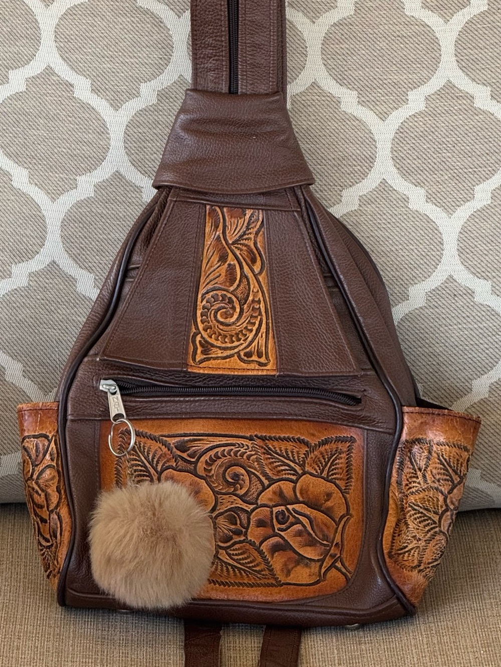 Vintage Mexican Hand Tooled Leather Backpack Purse Boho Floral Bag